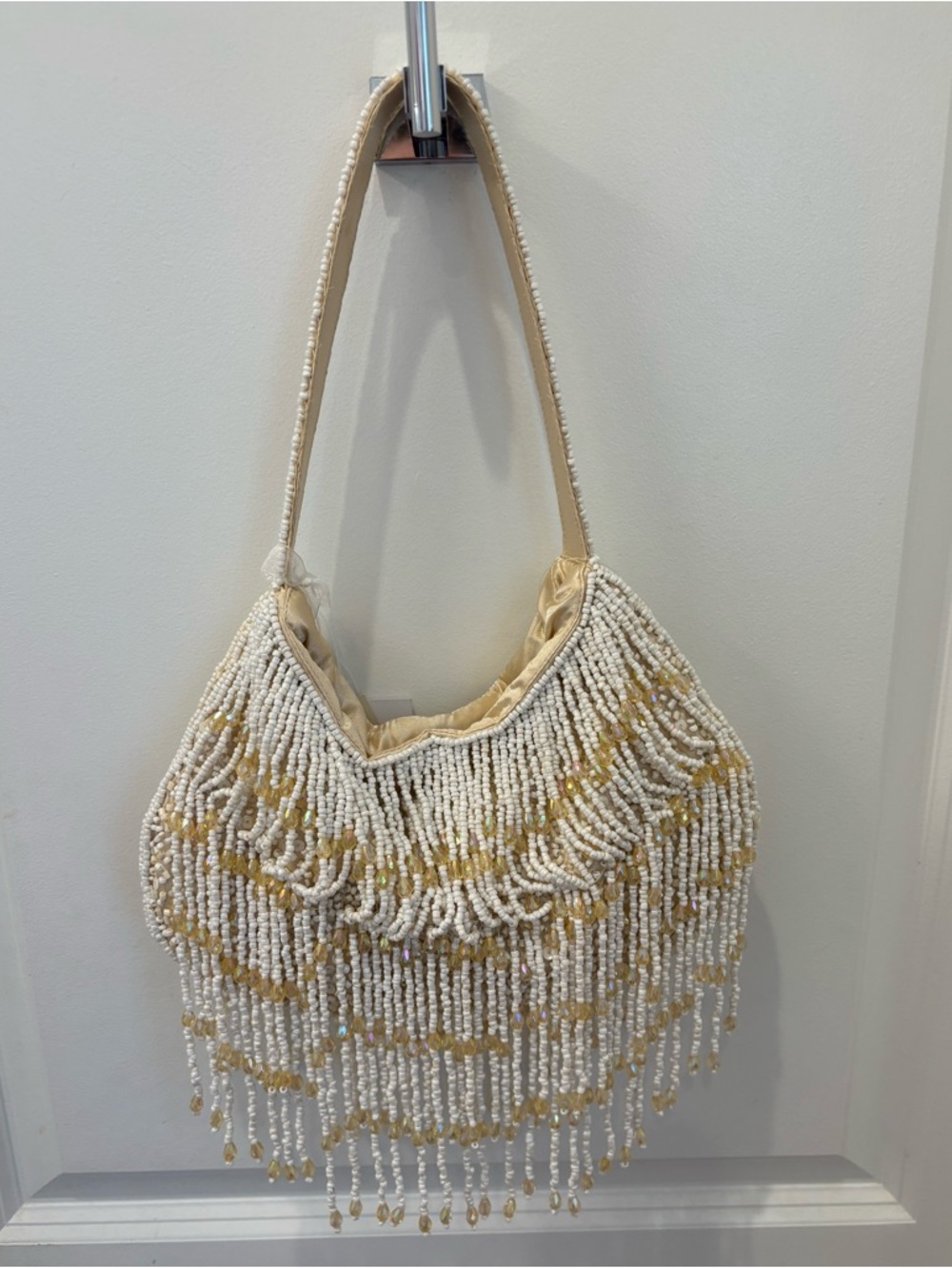 NWT Made In India Beaded Fringe Shoulder Bag in Cream & Champagne Gold